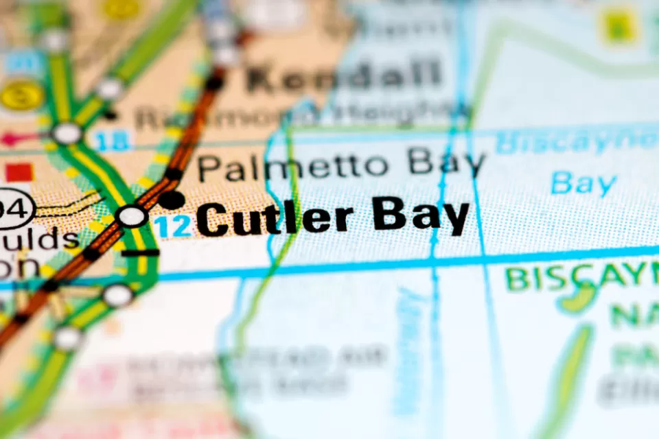 A map highlights Cutler Bay, located in South Florida along the Atlantic coast.